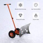 GYMAX Wheeled Snow Pusher, Heavy Duty Rolling Snow Pusher with 29″ Plate & Anti-Skid Wheels & Adjustable Handle, Driveway or Pavement Snow Removal Tool (Orange)