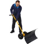 Snow Shovel with Wheels, Snow Pusher, Cushioned Adjustable Angle Handle Snow Removal Tool, 29″ Blade, 10″ Wheels, Yellow