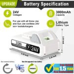 TenHutt ?Upgrade? 24V 3.0Ah Replacement Battery for Snow Joe, Sun Joe, Power Joe, Aqua Joe 24V iON+ Tools 24BAT-LTX 24VBAT-LTW 24VBAT-LTE 24VBAT-LT 24VBAT 24VBAT-XR Lithium Ion Power Tool Battery