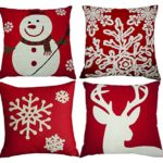 BLUETTEK Red Embroidery Christmas Pillow Covers Set of 4, Snowman,Christmas Deer, Snowflake, Merry Christmas Decorative Throw Pillow Case Cushion Covers 18 X 18 Inch for Bed Sofa